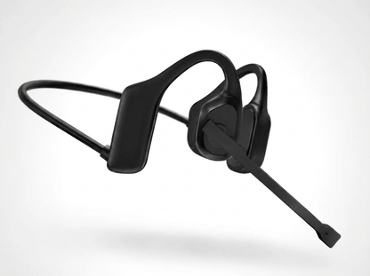 Black bone-style over-ear headphones with an attached boom microphone, shown floating against a clean light gray background.