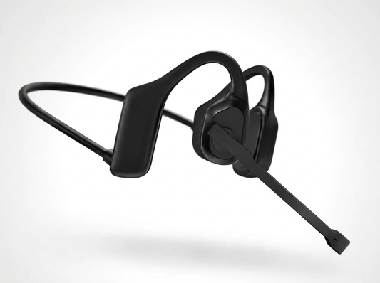 Black bone-style over-ear headphones with an attached boom microphone, shown floating against a clean light gray background.