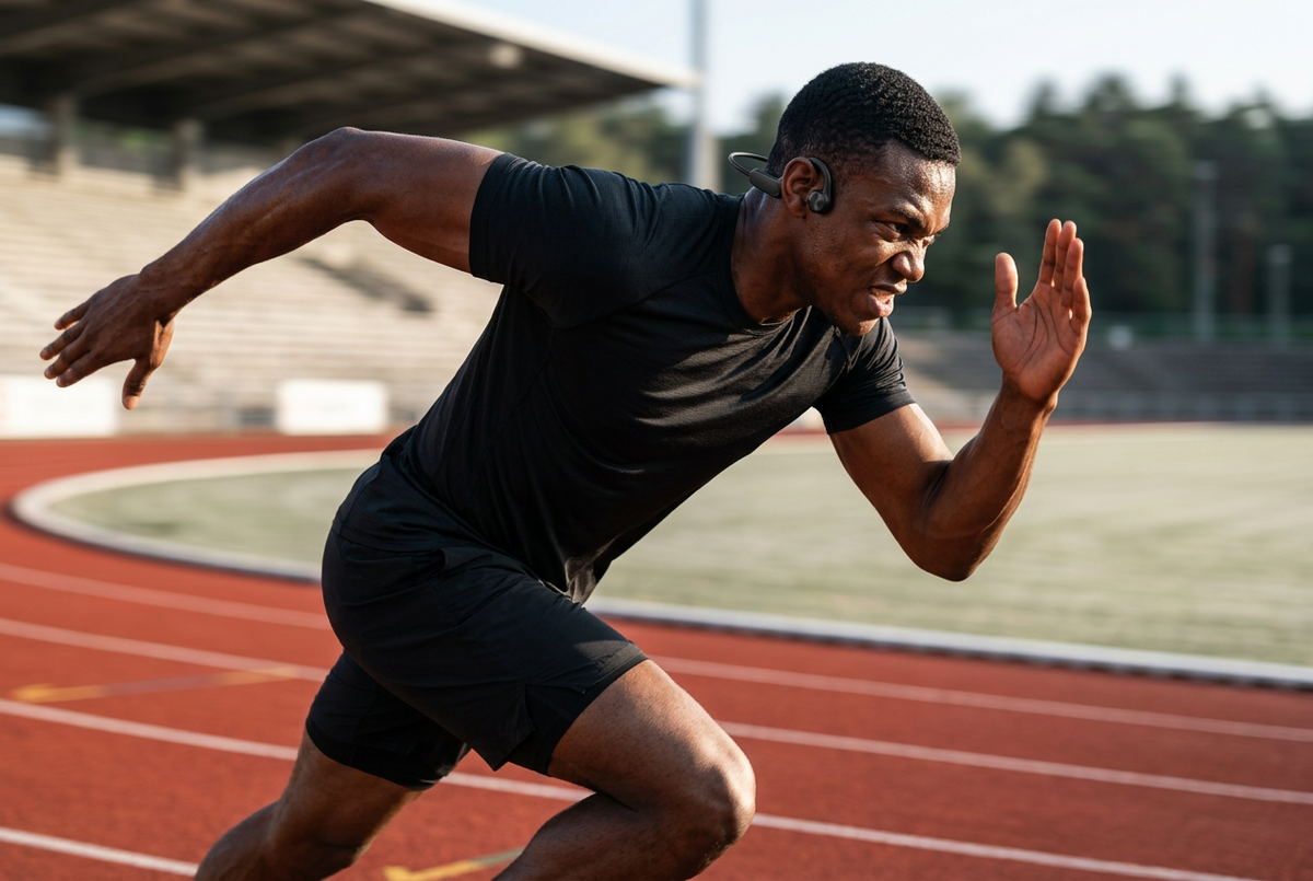 Athlete sprinting on a track wearing Anaory headphones