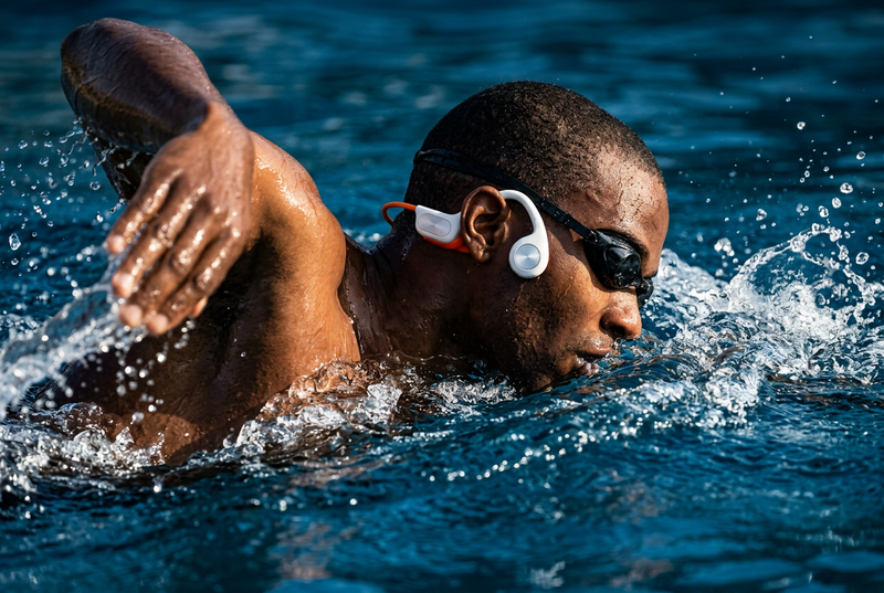 Black male swimmer wearing Open Ear Swim headphones