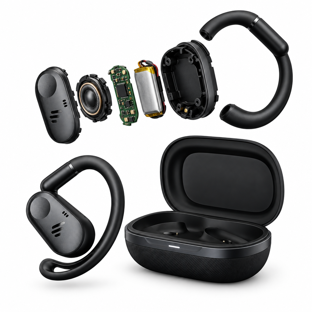 Exploded-view headphones on a plain white background