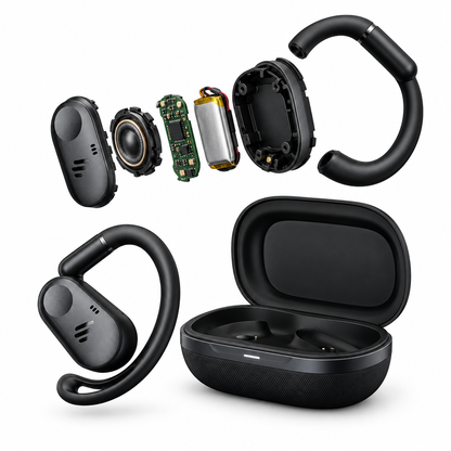 Exploded-view headphones on a plain white background