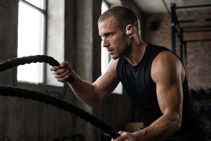Male athlete using battle ropes wearing white Open Ear Air Pro
