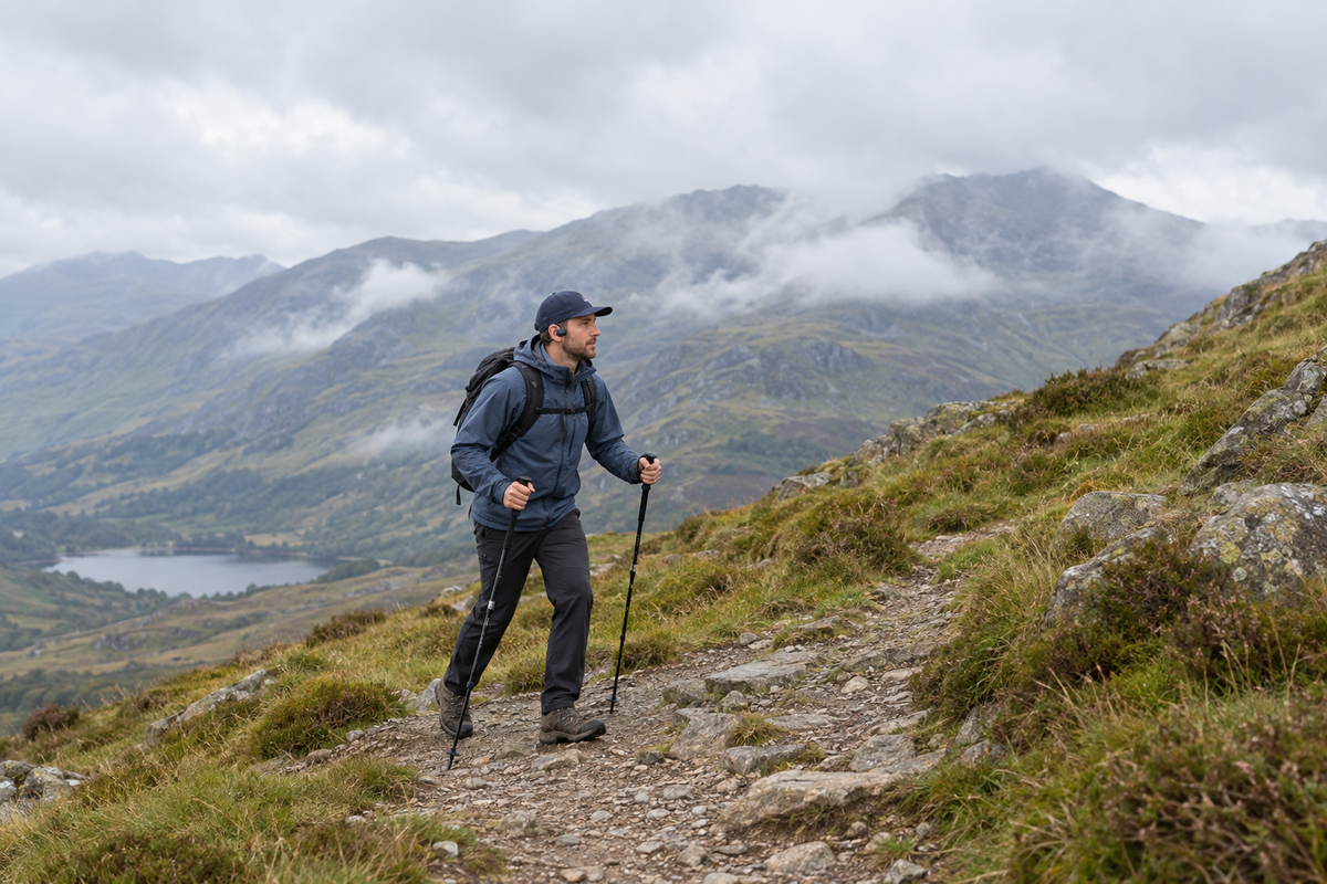 Male hiker in a cap climbing a mountain trail with trekking poles and Open Ear Everyday headphones