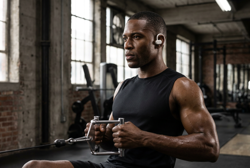 New male athlete wearing white Open Ear Air Pro during cable training