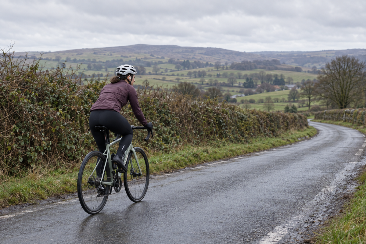 Single cyclist wearing Open Ear Everyday headphones on a quiet UK country road