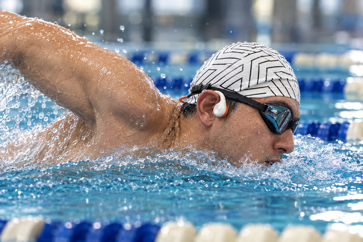 Swimmer from the dive image swimming in the pool with goggles and Open Ear Swim headphones