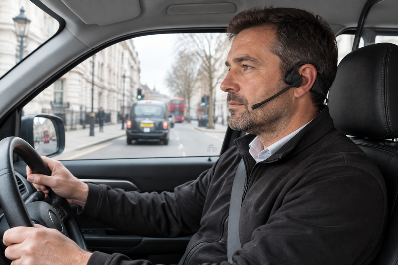 Taxi driver wearing Open Ear Communication headset while driving
