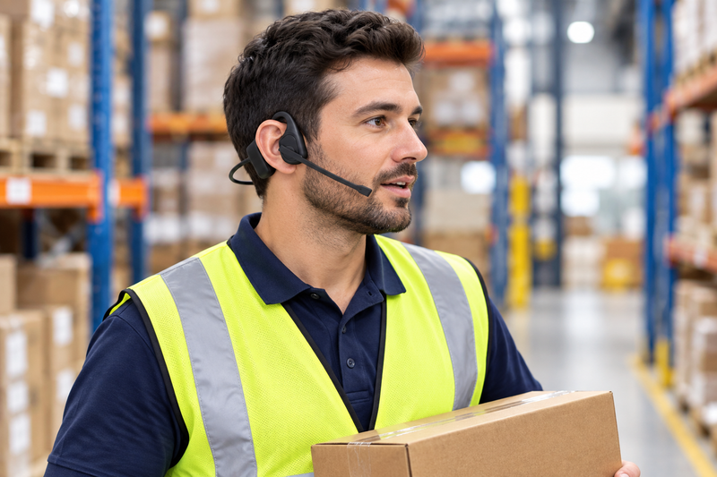 Warehouse worker wearing a high-vis vest and an open-ear communication headset