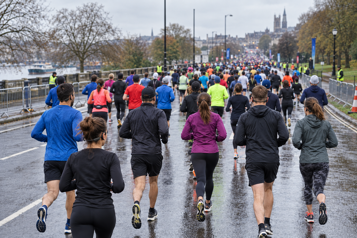 Wide view of runners wearing Open Ear Active headphones at a UK race