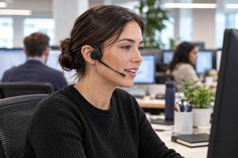 Worker in a shared office wearing an open-ear communication headset